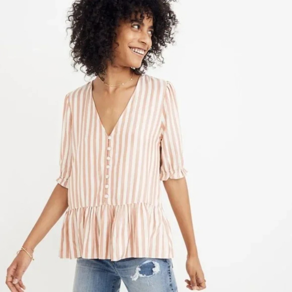 Madewell Courtyard Ruffle-Hem Stripe Top Blouse Button Front